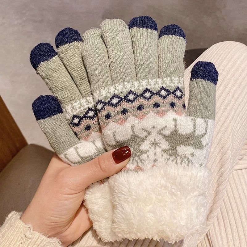 Autumn Winter Women Cute Christmas Elk Fleece-Lined Thickened Warm Touch Screen Gloves
