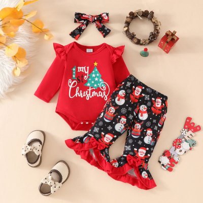 Kids Baby Girls Cute Party Christmas Alphabet Long Sleeve Romper Flare Trousers Sets