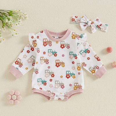 Kids Baby Girls Spring Autumn Casual Cute Car Print Long Sleeve Romper