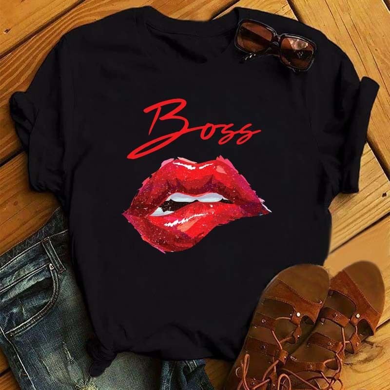 Women Sexy Fashion Lips Retro Simple Short Sleeve T-Shirt