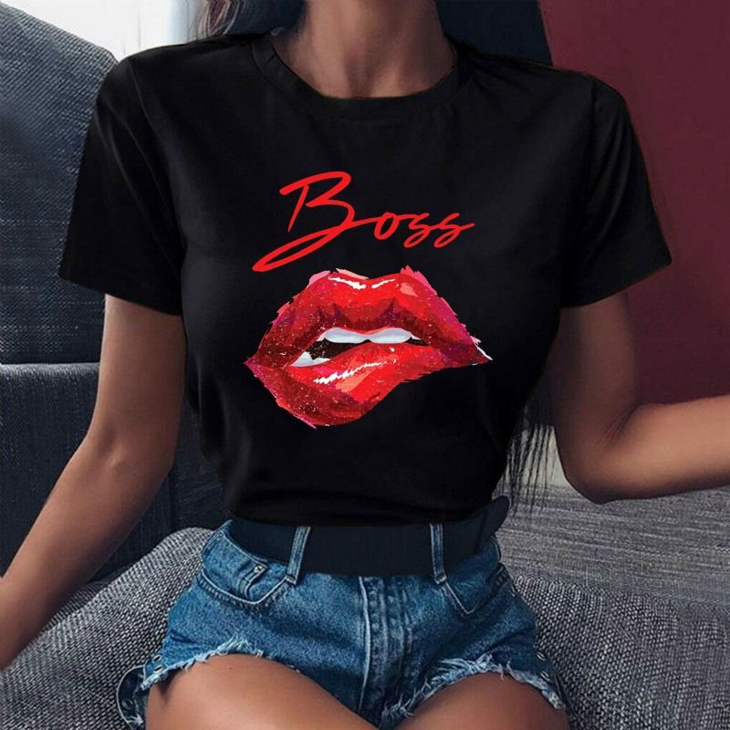 Women Sexy Fashion Lips Retro Simple Short Sleeve T-Shirt