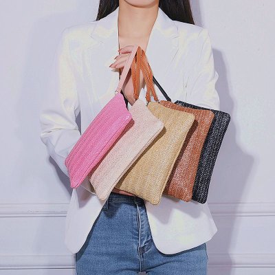 Women Fashion Solid Color Straw Woven Zipper Long Purses