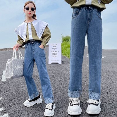 Girls Fashion Letter Pattern Spliced Jeans