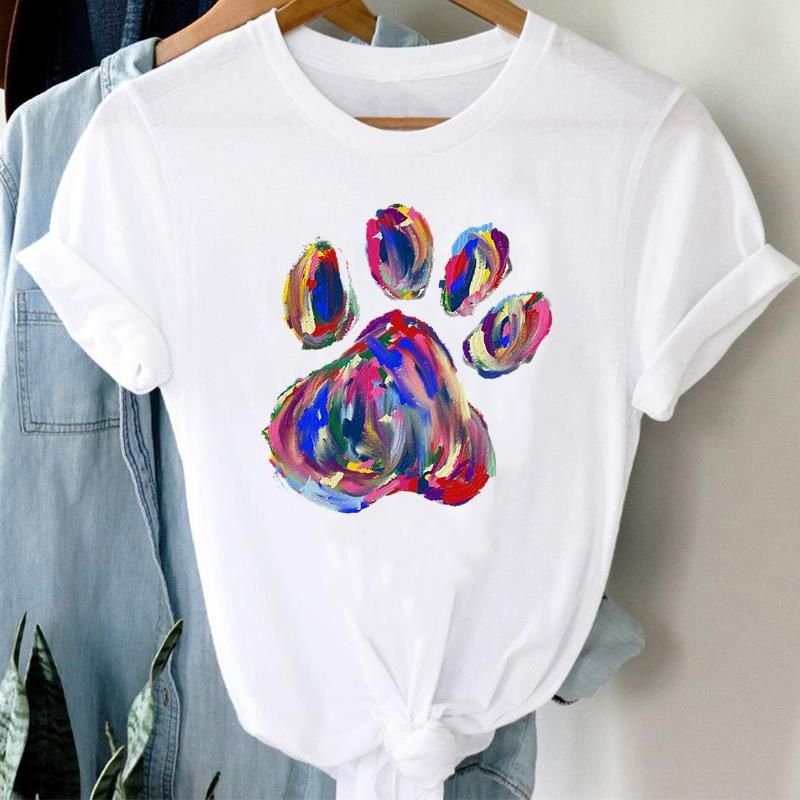 Women Foot Print Printed Cat And Dog Pet Pattern Short-Sleeved T-Shirt