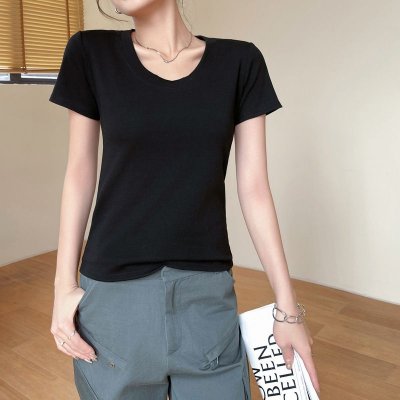 Women Simple Basic Solid Color Round Neck Short Sleeve T-Shirt