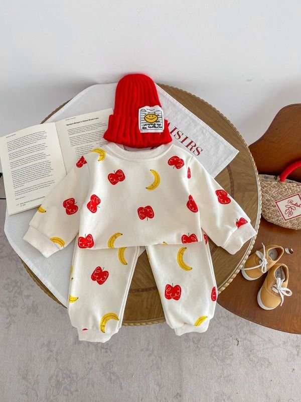 Kids Baby Girls Casual Cute Apple Banana Print Long Sleeve Sweatshirts Pants Sets