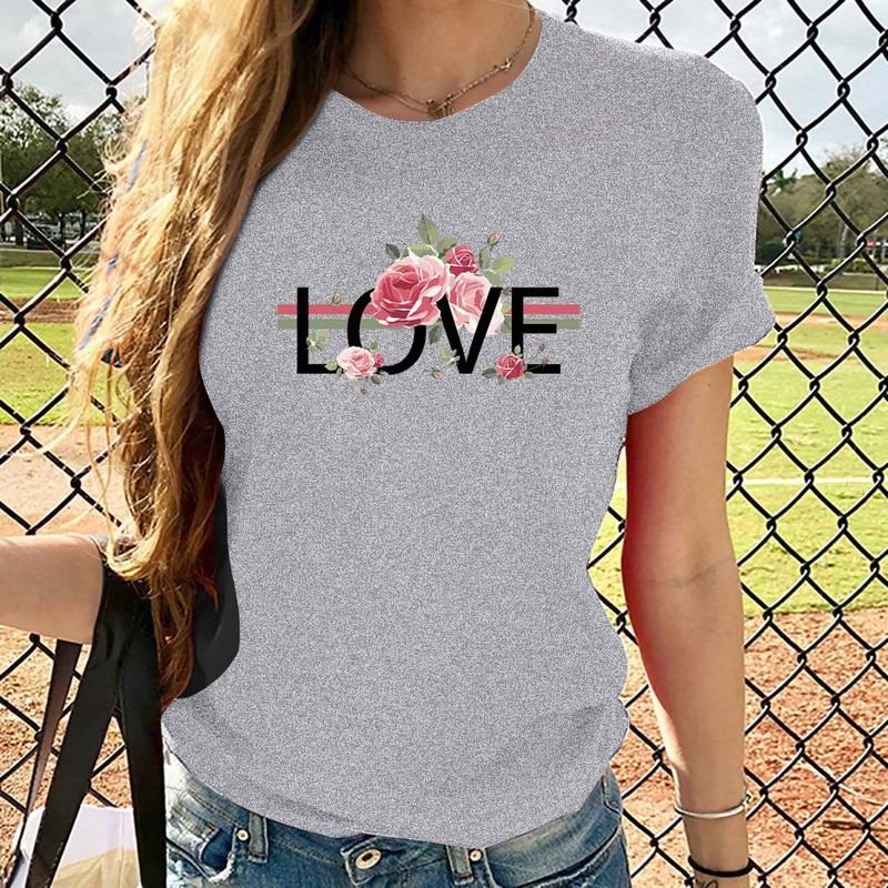 Basic Women Love Letter Short Sleeve Crewneck Retro Floral T-Shirt