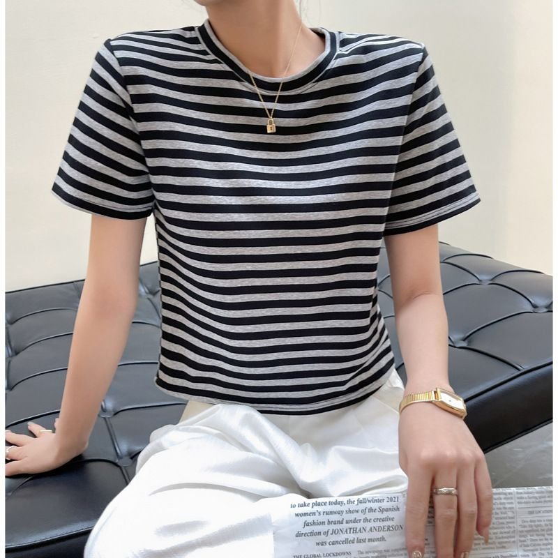 Summer Women Casual Stripe Round Neck Short Sleeve T-Shirt