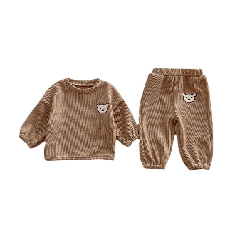 Kids Baby Boys Girls Casual Cute Cartoon Rib-Knit Long Sleeve Sweatshirts Pants Sets