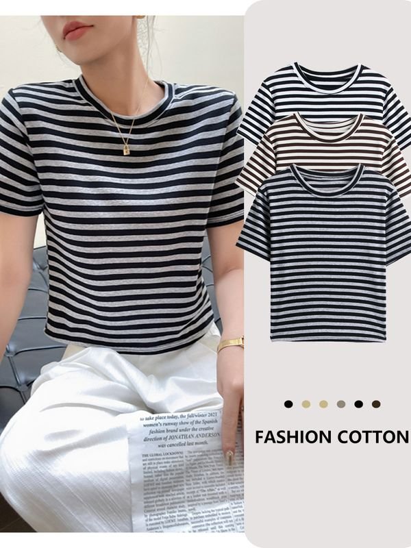 Summer Women Casual Stripe Round Neck Short Sleeve T-Shirt