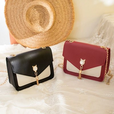 Women Chic Flap Buckle Design Cat Tassel Decoration Color Blocking PU Crossbody Bag