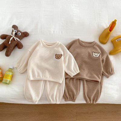 Kids Baby Boys Girls Casual Cute Cartoon Rib-Knit Long Sleeve Sweatshirts Pants Sets