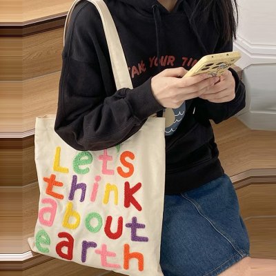 Women Simple Letter Embroidered Large Capacity Canvas Shopping Tote Bag