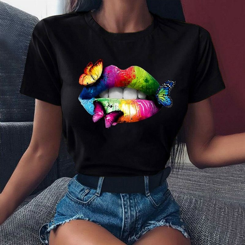 Women Sexy Fashion Lips Retro Simple Short Sleeve T-Shirt