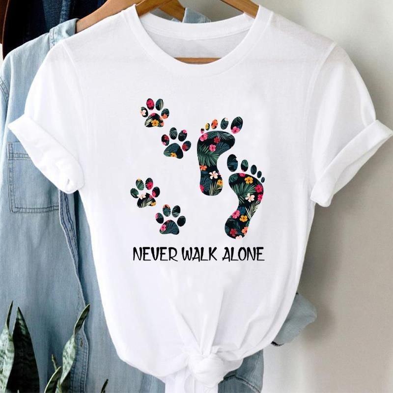 Women Foot Print Printed Cat And Dog Pet Pattern Short-Sleeved T-Shirt