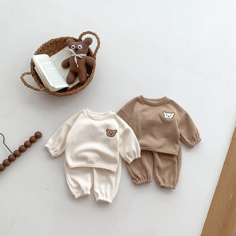 Kids Baby Boys Girls Casual Cute Cartoon Rib-Knit Long Sleeve Sweatshirts Pants Sets