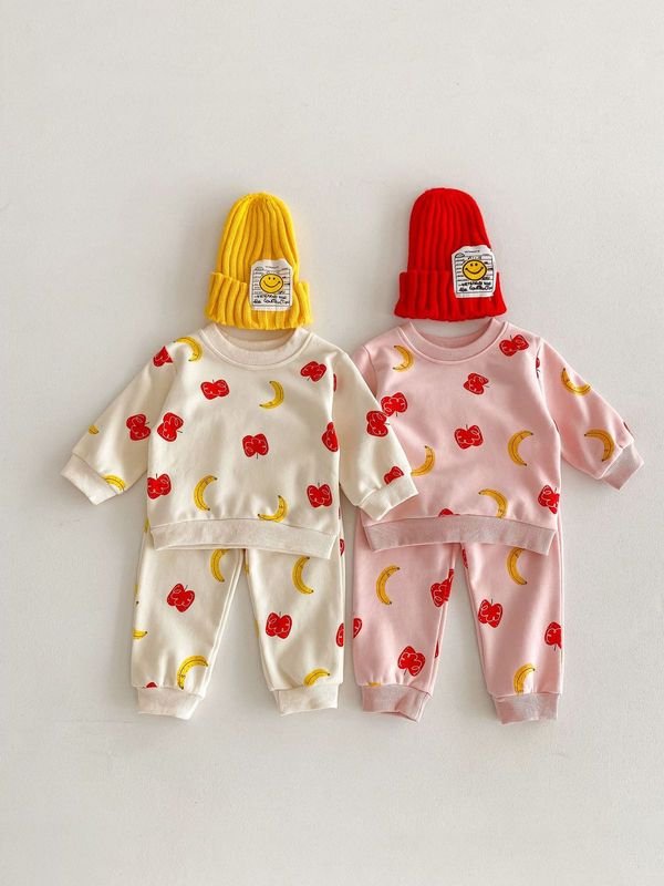 Kids Baby Girls Casual Cute Apple Banana Print Long Sleeve Sweatshirts Pants Sets