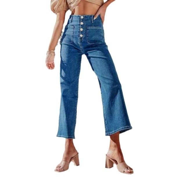 Autumn Buckle Stretch Women High Waist Elegant Washed Straight Leg Crop Jeans