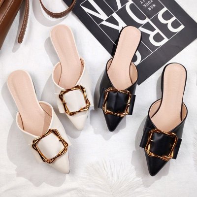 Women Simple Fashion Plus Size Pointed Toe Metal Buckle Detail Mule Shoes