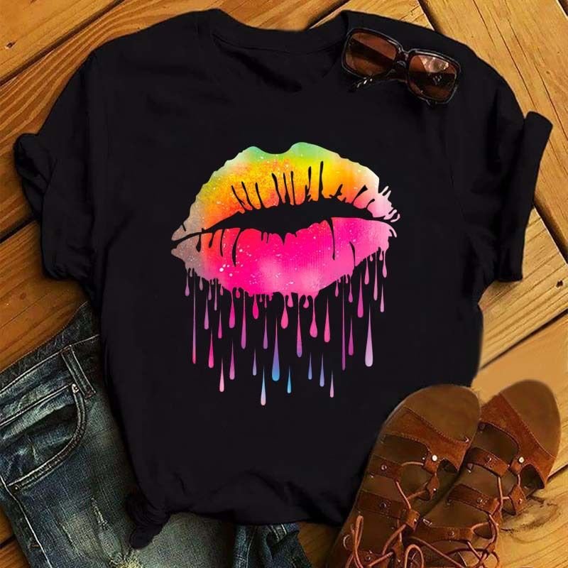 Women Sexy Fashion Lips Retro Simple Short Sleeve T-Shirt