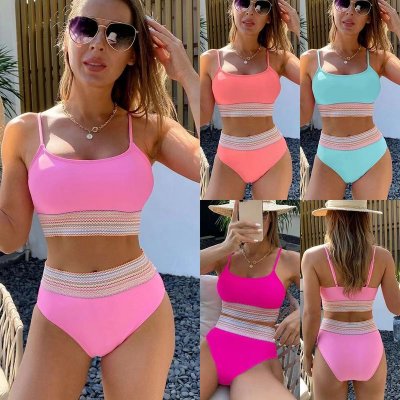 Sexy Solid Color High Waist Split Bikini Women Swimsuit