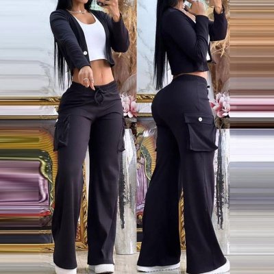 Women Casual Solid Color Long-Sleeved Crop Top Drawstring Wide-Leg Pants Two-Piece Set