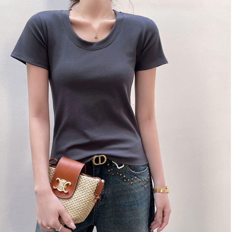 Women Simple Basic Solid Color Round Neck Short Sleeve T-Shirt