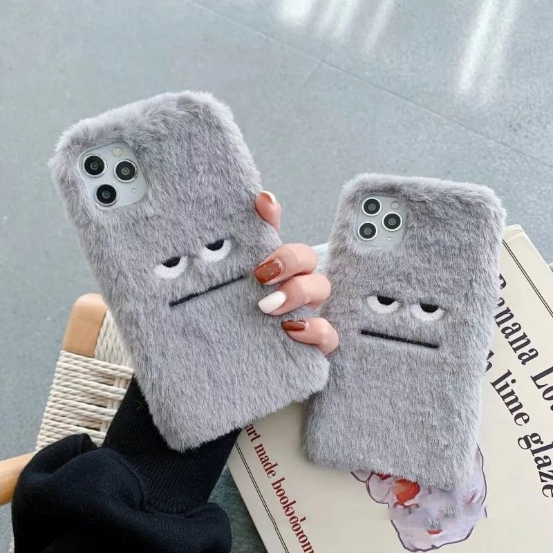 Winter Plush Embroidery Grey Funny Expression Phone Case For Iphone 16