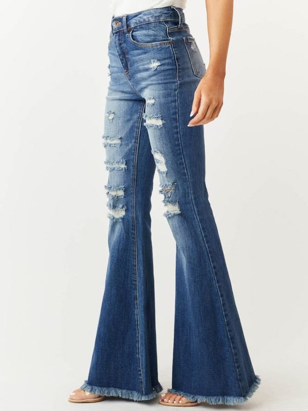 Women Fashion Slim-Fit Stretch Ripped Flared Jeans