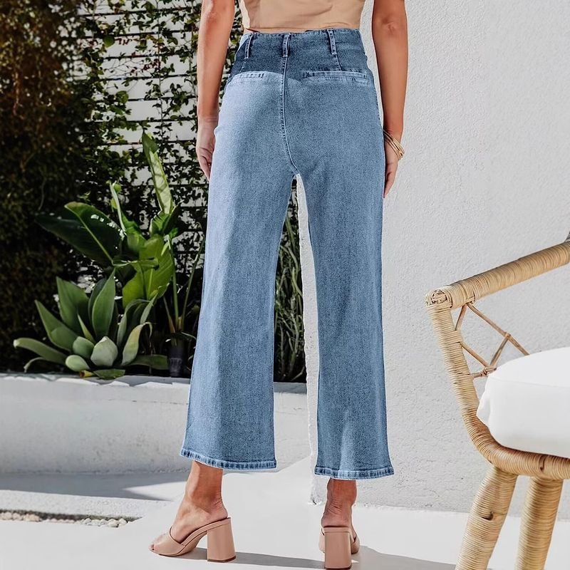 Autumn Buckle Stretch Women High Waist Elegant Washed Straight Leg Crop Jeans