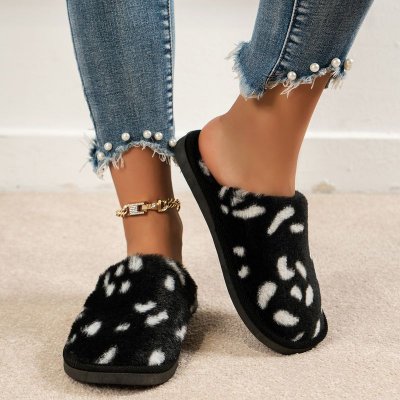 Autumn Winter Women Fashionable Plus Size Leopard Plush Round Toe Flat Slippers