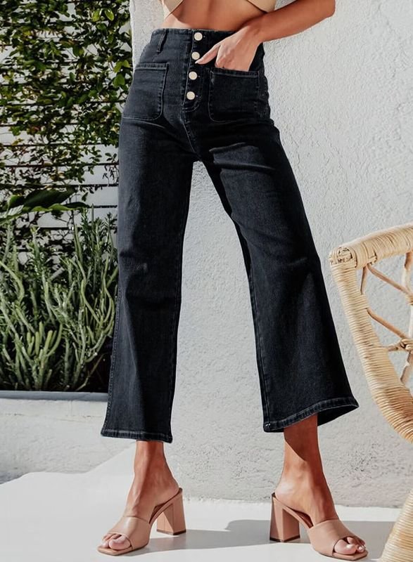 Autumn Buckle Stretch Women High Waist Elegant Washed Straight Leg Crop Jeans