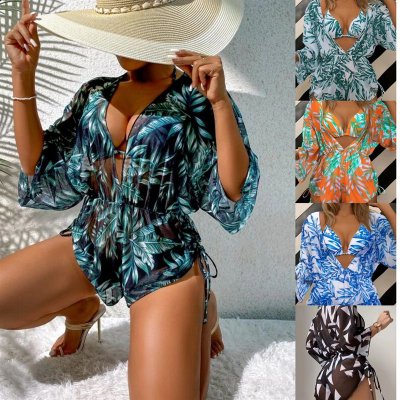 Summer Women Fashion Sexy Leaves Printed Bikini Swimwear Sunscreen Cover-Ups Three-Piece Set