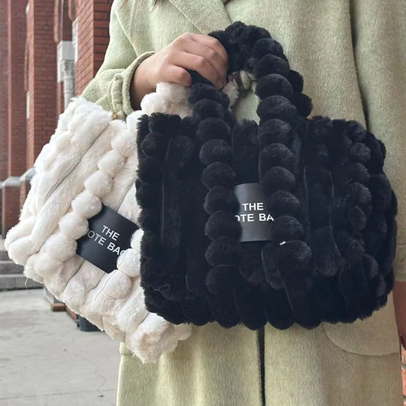 Autumn Winter Women Fashionable Solid Color Plush Large Capacity Handbag