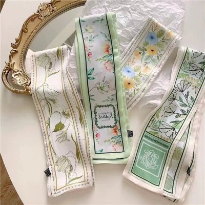 Women Fashion Simple Fresh Floral Print Long Thin Narrow Silk Scarf