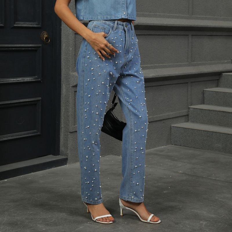 Women Autumn Winter Fashion Pearl Denim Straight Pants Women Jeans
