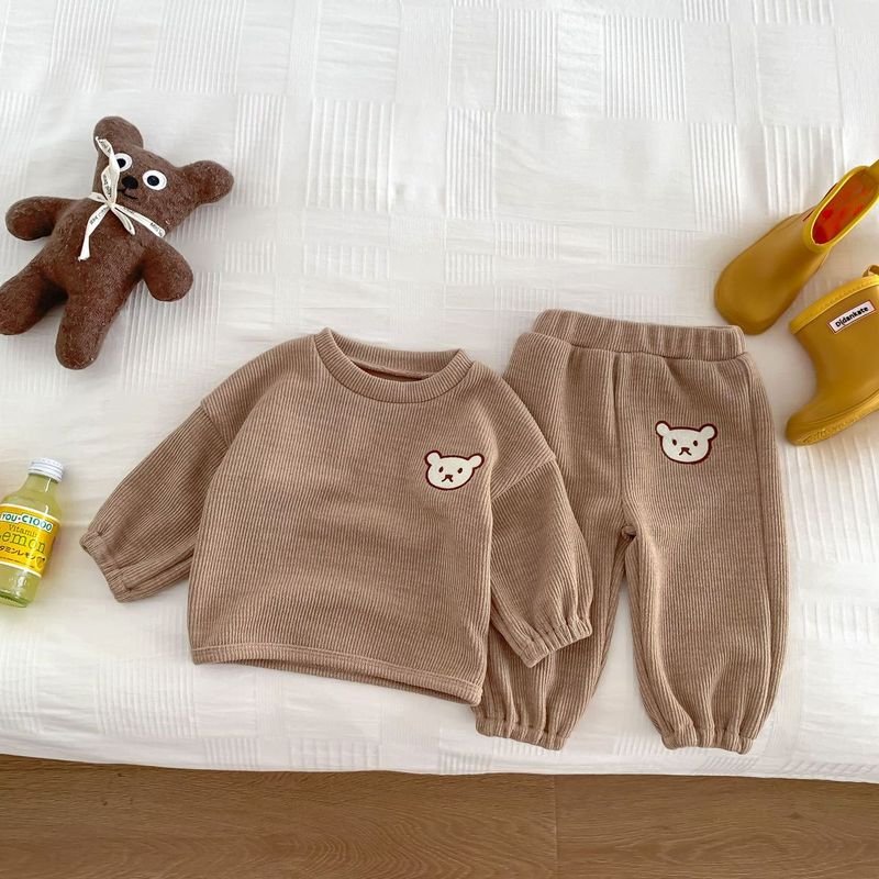 Kids Baby Boys Girls Casual Cute Cartoon Rib-Knit Long Sleeve Sweatshirts Pants Sets