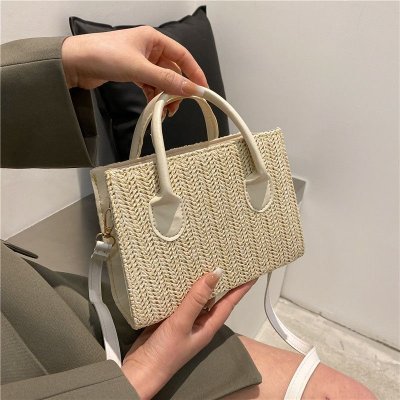 Women Simple Fashionable Straw Woven Large Capacity Square Handle Shoulder Bag