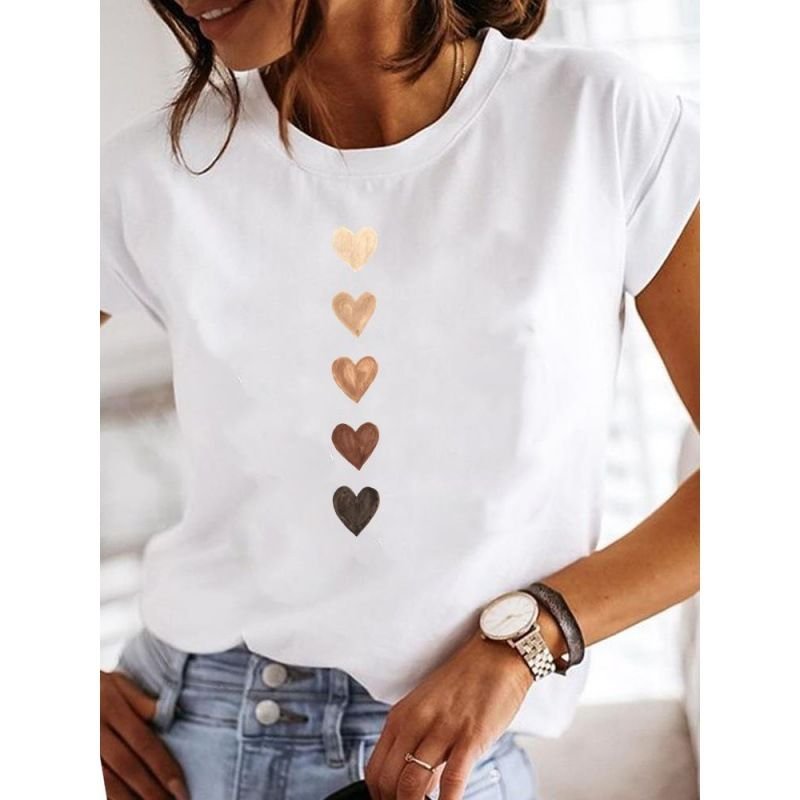 Plus Size Women Crewneck Casual Simple Heart Floral Letter Short-Sleeved T-Shirt