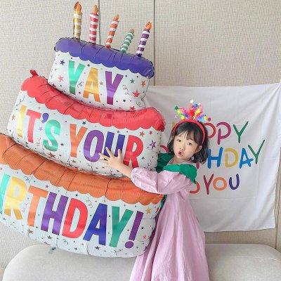 Simple Creative Baby Birthday Party Scene Layout Three Layer Multicolor Cake Balloon Decoration