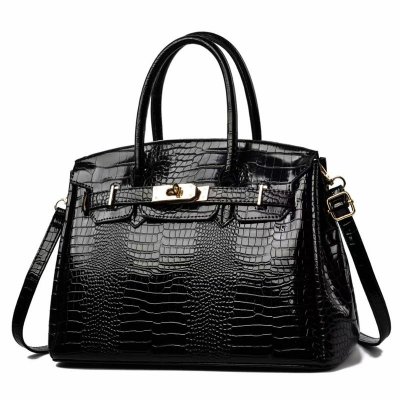 Women Fashion Bright Leather Crocodile-Print Large-Capacity Handle Shoulder Bag