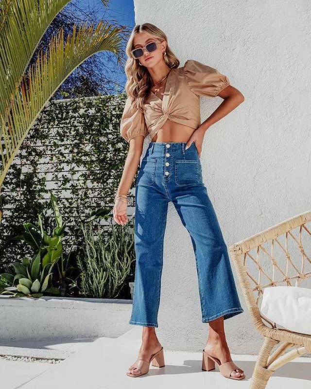 Autumn Buckle Stretch Women High Waist Elegant Washed Straight Leg Crop Jeans