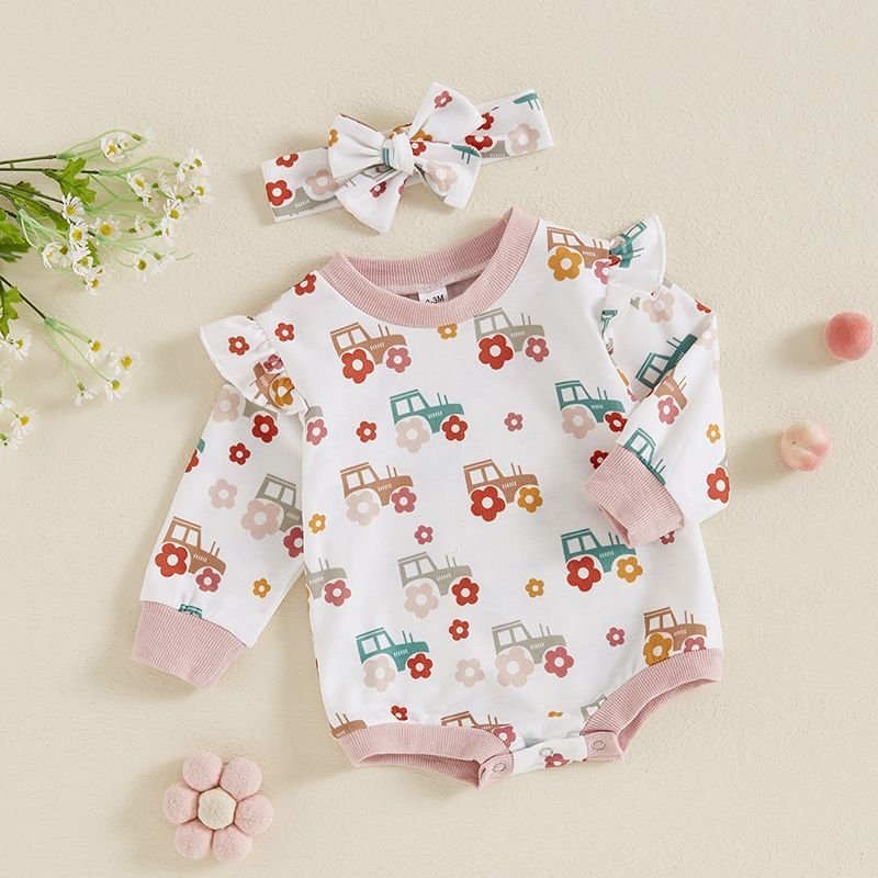 Kids Baby Girls Spring Autumn Casual Cute Car Print Long Sleeve Romper