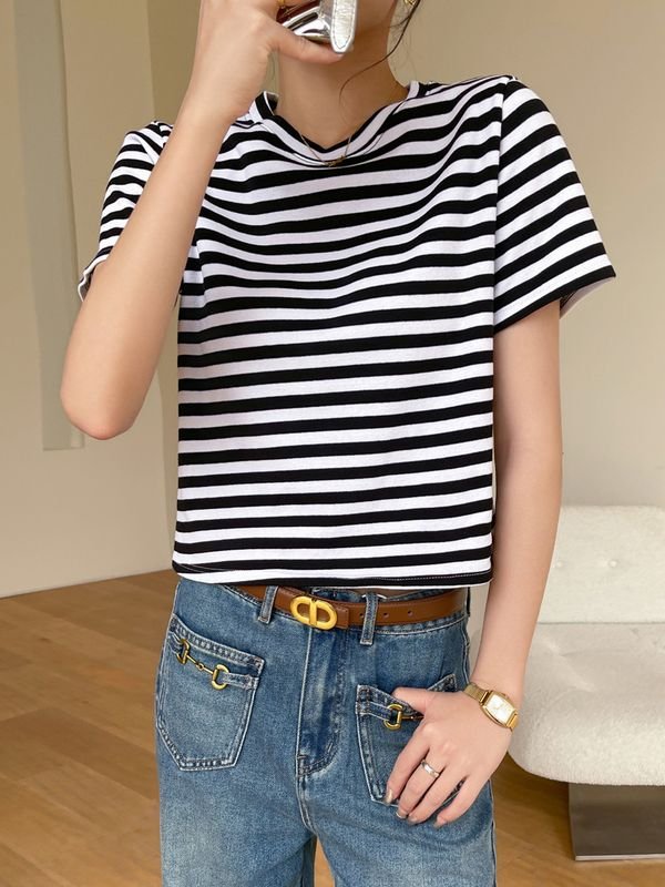 Summer Women Casual Stripe Round Neck Short Sleeve T-Shirt