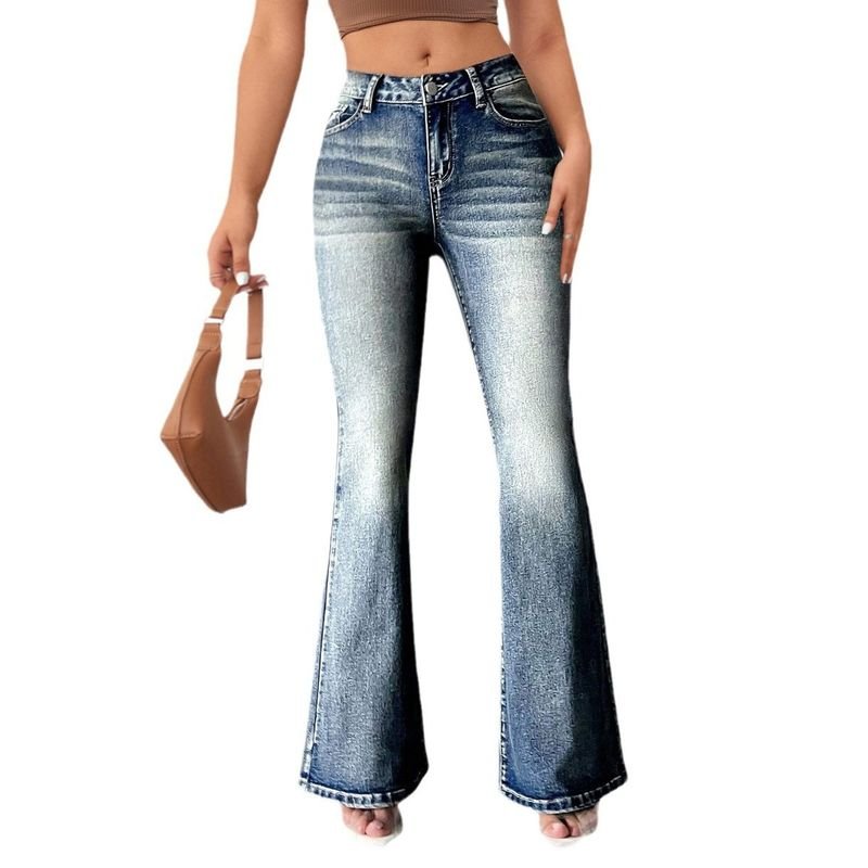 Women High Stretch Pocket Embroidered Vintage Jeans Slim Fit Flare Denim Pants
