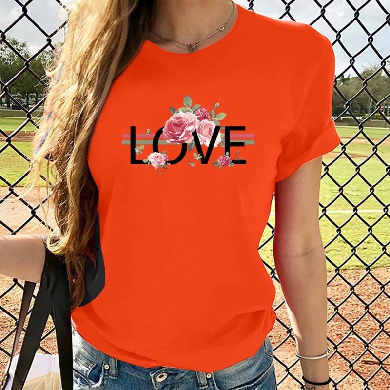 Basic Women Love Letter Short Sleeve Crewneck Retro Floral T-Shirt