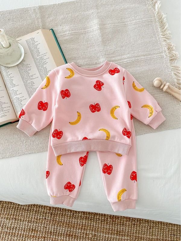 Kids Baby Girls Casual Cute Apple Banana Print Long Sleeve Sweatshirts Pants Sets