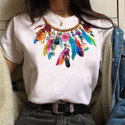 Women Fashion Dream Catcher Printed Round Neck Short Sleeve T-Shirt