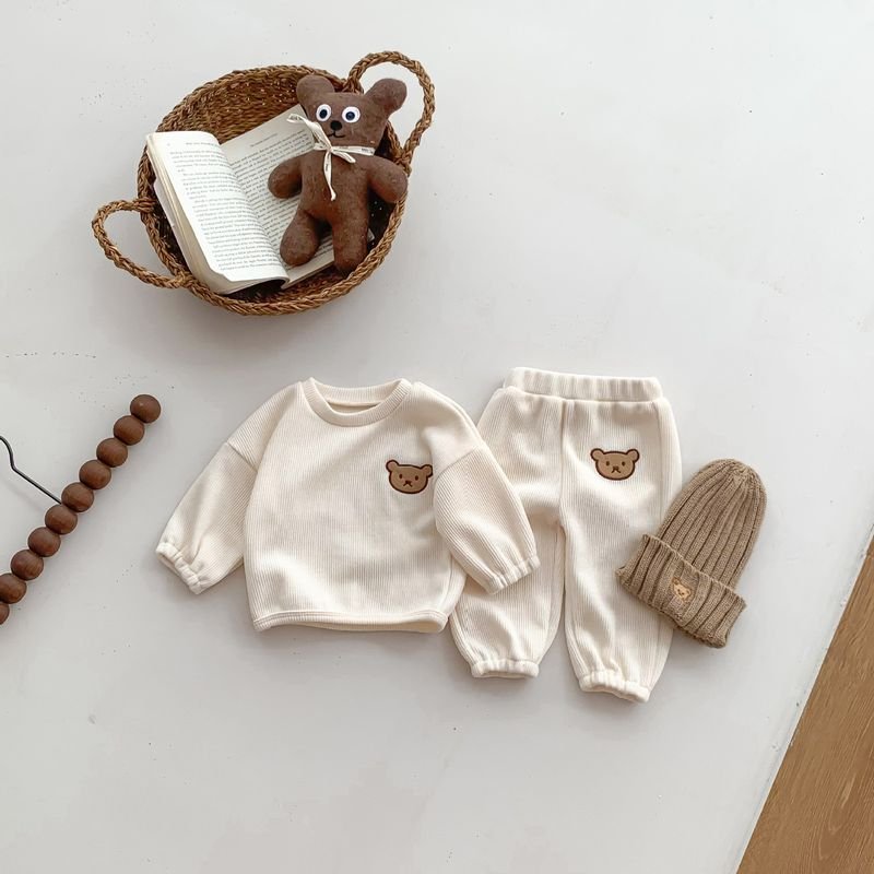 Kids Baby Boys Girls Casual Cute Cartoon Rib-Knit Long Sleeve Sweatshirts Pants Sets