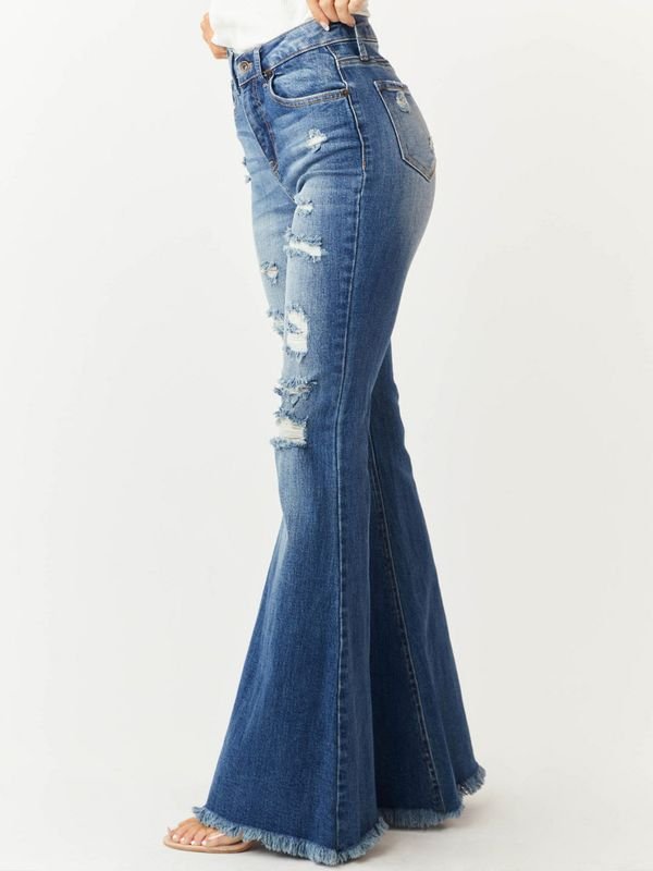Women Fashion Slim-Fit Stretch Ripped Flared Jeans